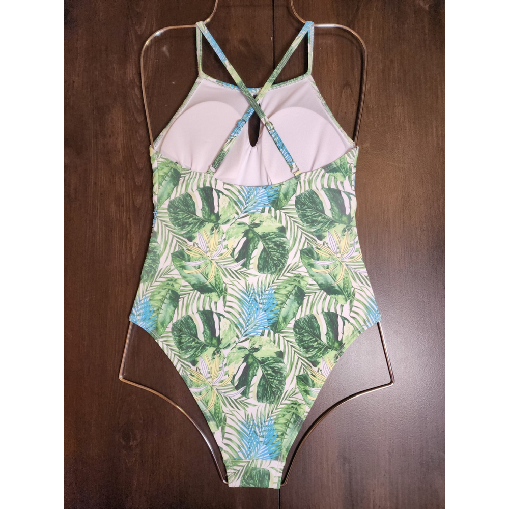 Tahari One piece Swimsuit Bathing Suit Keyhole MEDIUM Tropical Green Leaf Palm - Picture 6 of 16